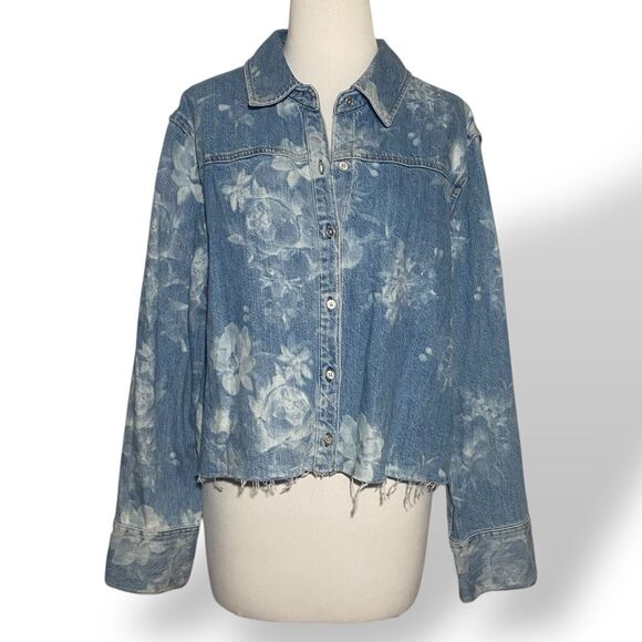 Alice + Olivia Finely Raw Hem Button Down Jean Shirt Jacket Women L Lotus Floral - Picture 1 of 9